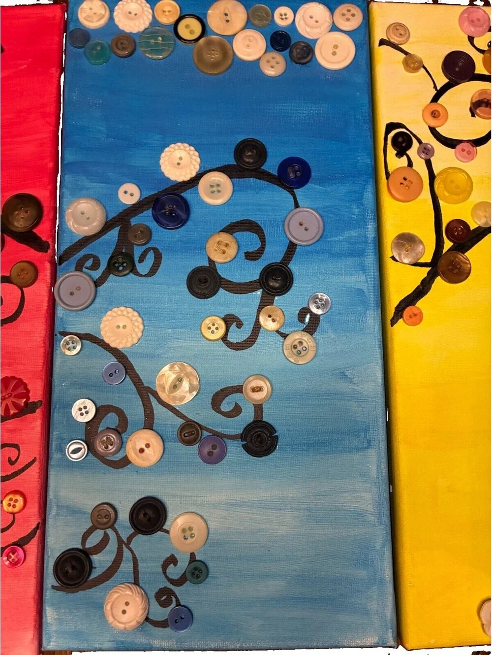 Whimsical Button Tree Canvas Wall Art 4 Piece Set Handmade Folk Art Mixed Media